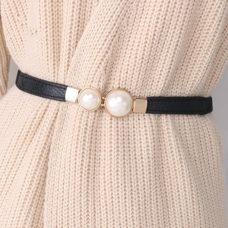 YA84EQ Vrouwen dubbele parel riem PU lederen jurk rok taille elastische dunne riemen dames tailleband zwart