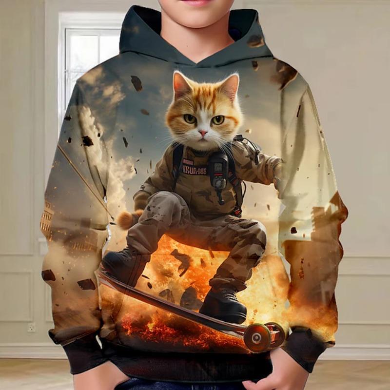 Etst 003 Jongens 3D Cat Hoodie Pullover Lange Mouw 3D Print Lente Herfst Mode Streetwear Cool Polyester Kinderen Capuchon Buiten Casual Dagelijks S