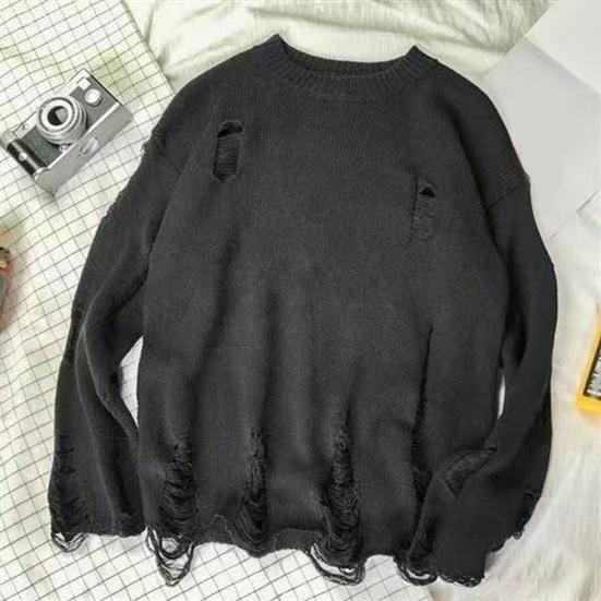Western Cool Men Heren Herfst Winter Trui Gescheurd Gat Effen Kleur Ronde Hals Gebreid Retro Japanse Stijl M lichtgrijze kleur