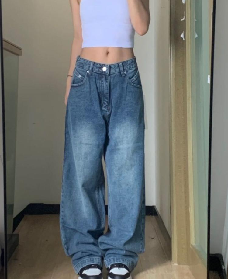 Transmission Gate Vrouwen wijde pijpen jeans vintage Y2k streetwear baggy denim broek casual oversized hoge taille vrouwelijke broek Koreaanse mode S blauw