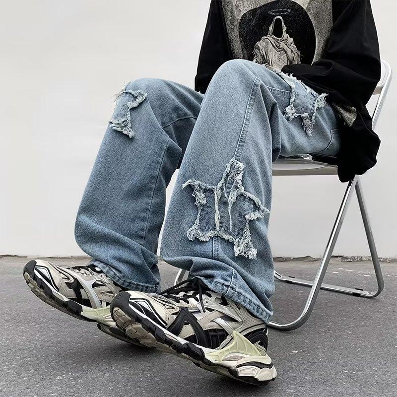 Transmission Gate Sterren Handdoek Borduren Bruin Baggy Dames Jeans Broek Y2K Kleding Rechte Hip Hop Katoenen Broek Pantalon S blauw