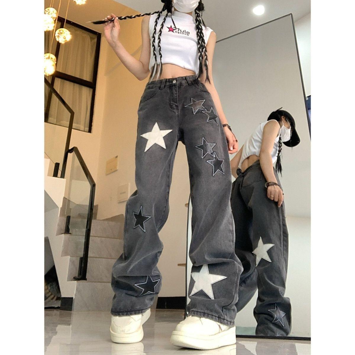 Transmission Gate Sterren Amerikaanse stijl Y2k retro broek vrouwelijke straat hoge streetwear wijde pijpen rechte losse baggy jeans dames S