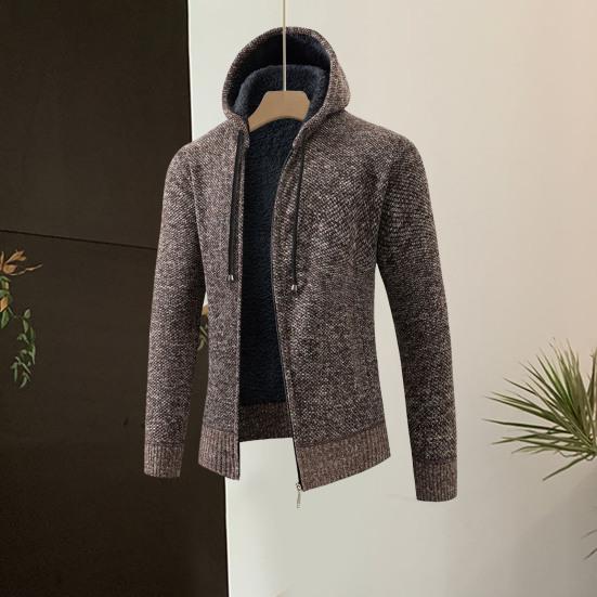 LuxeLane Heren Herfst Winter Cardigan Jas Trekkoord Capuchon Dikke Fluwelen Voering Geribbelde Manchetten Zoom Effen Kleur Gebreid Ritssluiting Lange Mouwen Warme Zakken M koffie