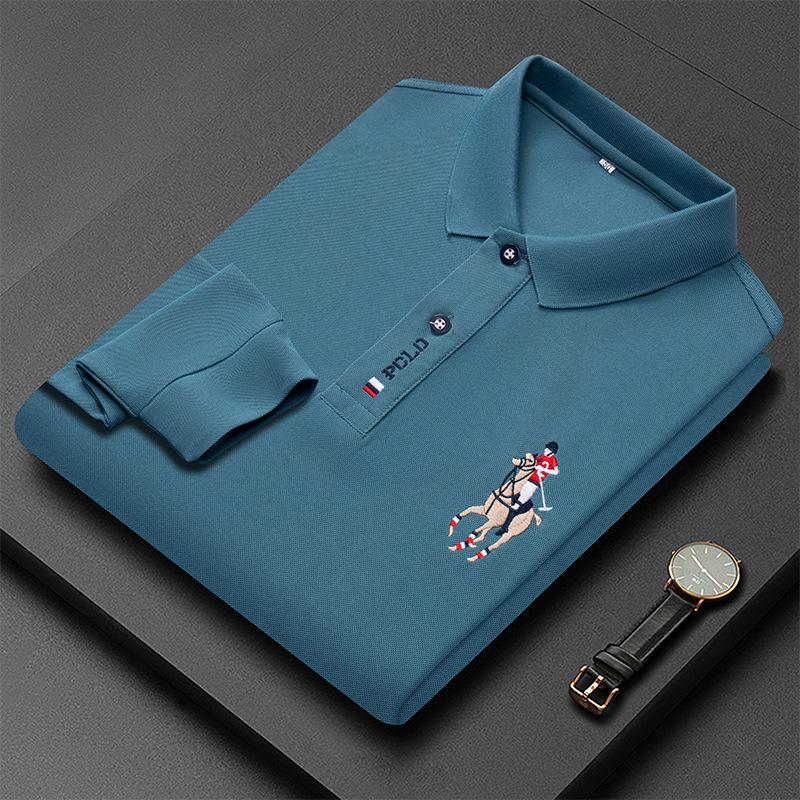CHIC STUDIO Geborduurd heren poloshirt effen kleur herfst nieuwe revers middelbare leeftijd mensen lange mouw t-shirt M