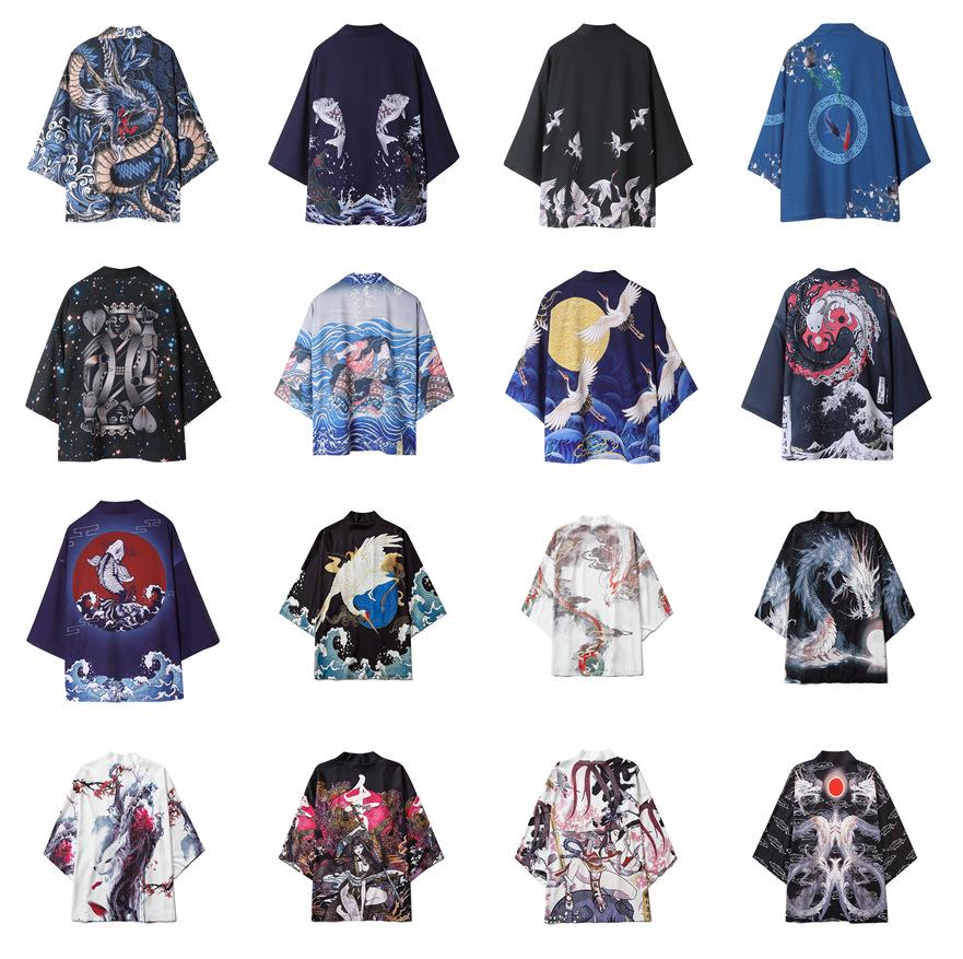 Four Four Japanse Kimono Retro Kraan Print Dunne Jas Haori Hanfu Pak Mantel Heren Zomer Chinese Stijl Nieuw Tang Pak Taoïstische Gewaad L