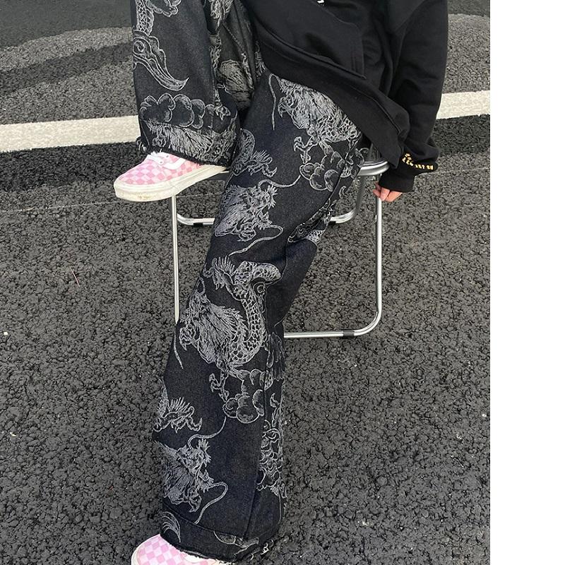 Ladie KAKA Vrouwen Zwarte Gotische Draak Print Jeans Baggy Vintage Esthetische Cowboy Broek Harajuku Denim Broek 3XL