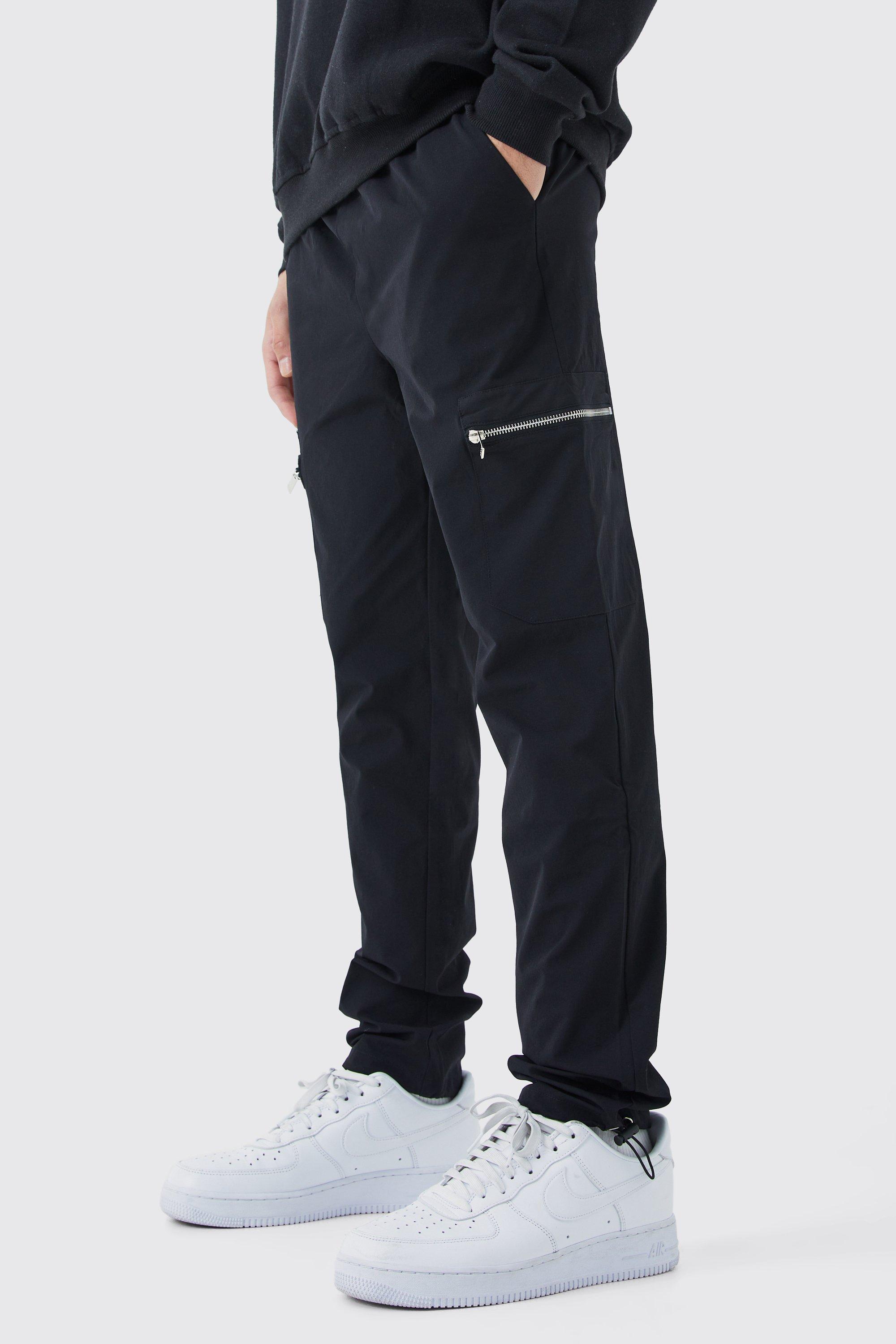 Boohoo Stretch Tech Slim Fit Cargo Broek Met Elastische Taille, Black