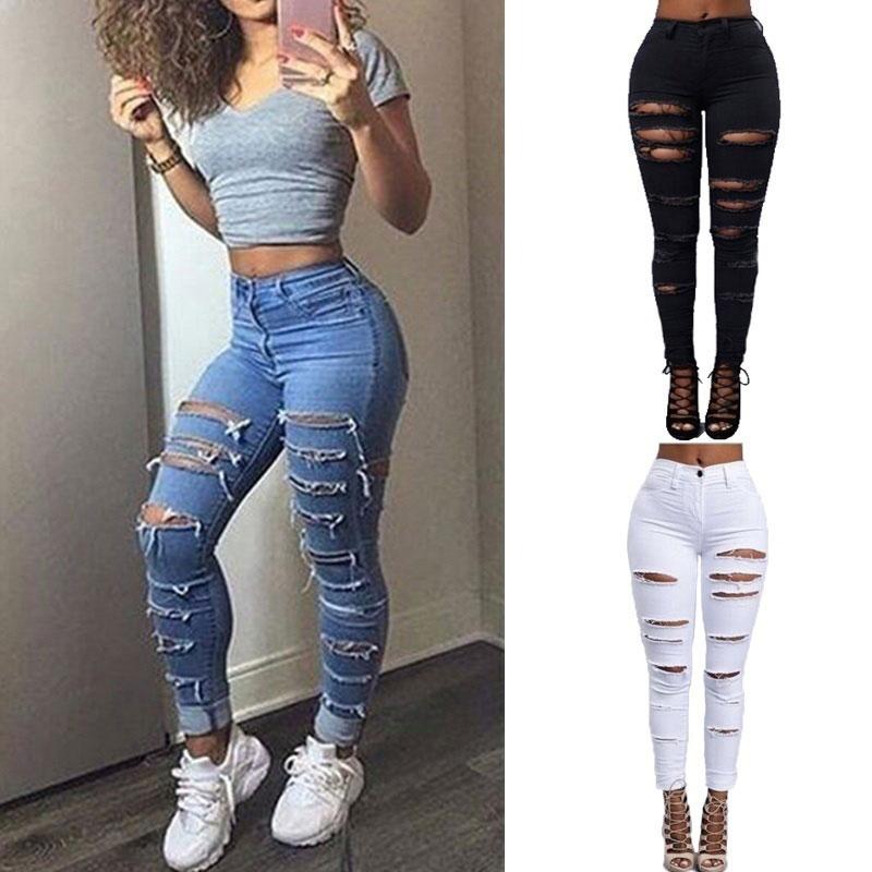 XK22GD Sexy Vrouwen Gescheurde Jeans Lente Herfst Vrouwen Gaten Uitgesneden Punk Straat Jeans Denim Broeken Hoge Taille Slanke Cowboy Jeans Broeken L zwart