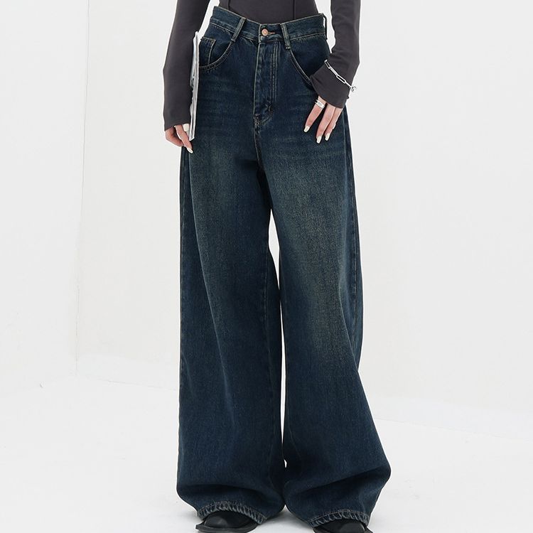 DDU-DU Vrouwen Wijde Pijp Lange Broek Retro Jeans Hoge Taille Rechte Zakken Donkere Kleur Denim Broek Streetwear Plus Size XXXXL marineblauwe kleur