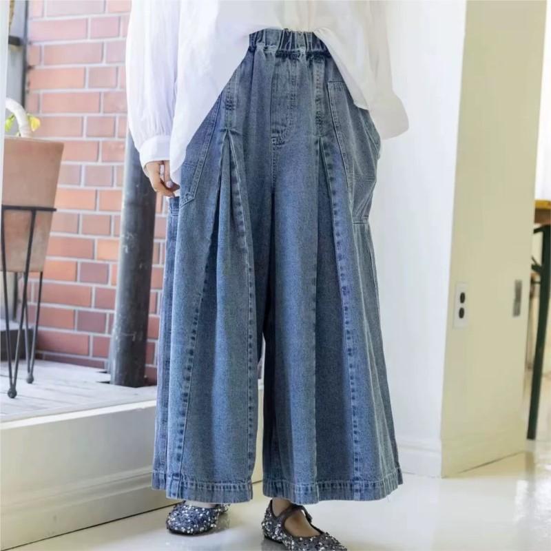 Johnature Japanse gewassen denim grote zakken dikke wijde broek herfst winter elastische taille losse damesbroek One Size blauw