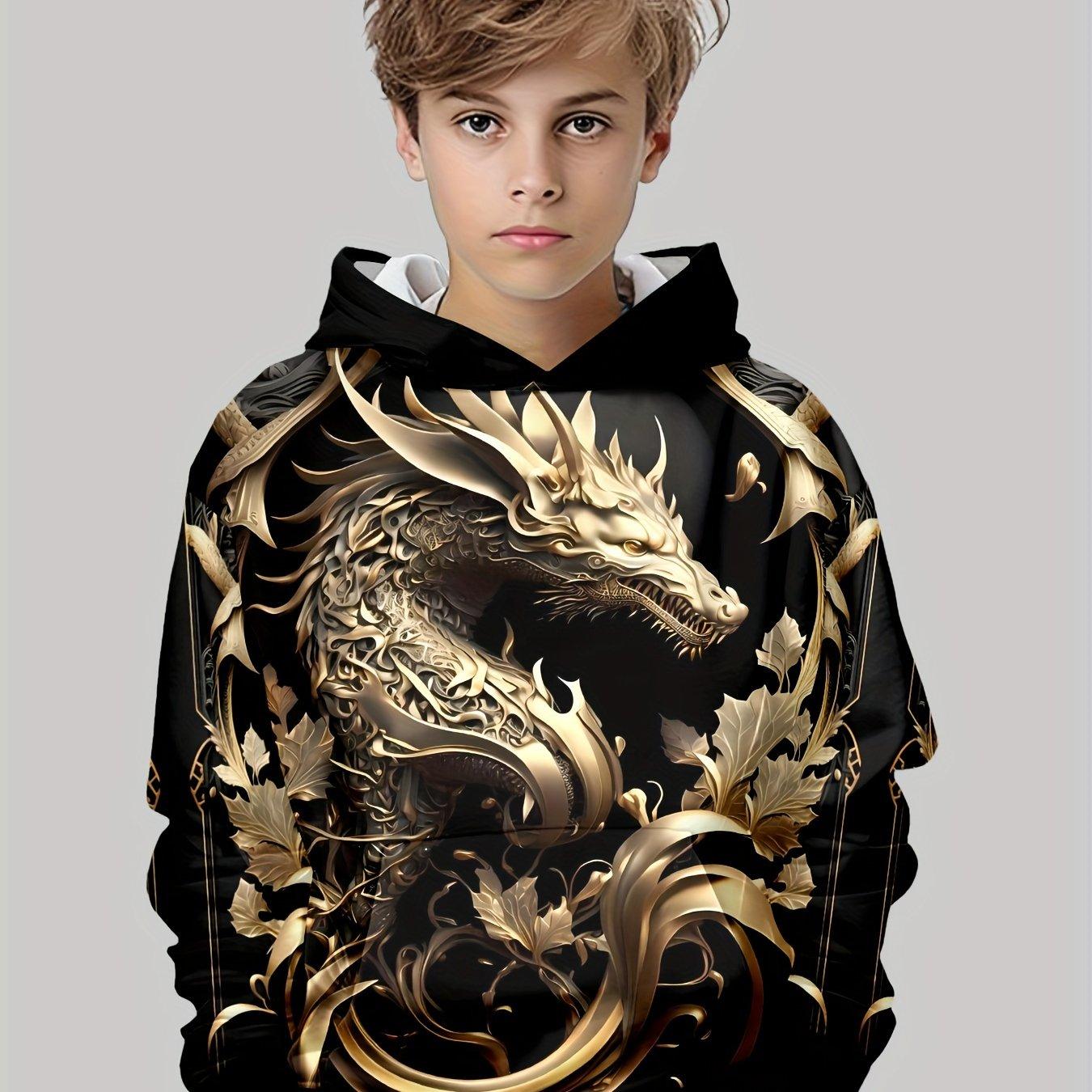 ETST 07 Levendige Golden Dragon 3D Print Lange Mouw Hoodie voor Jongens - Mode Hoodies met Stijlvol Design, Gezellige Fleece Voering, 100 zwart