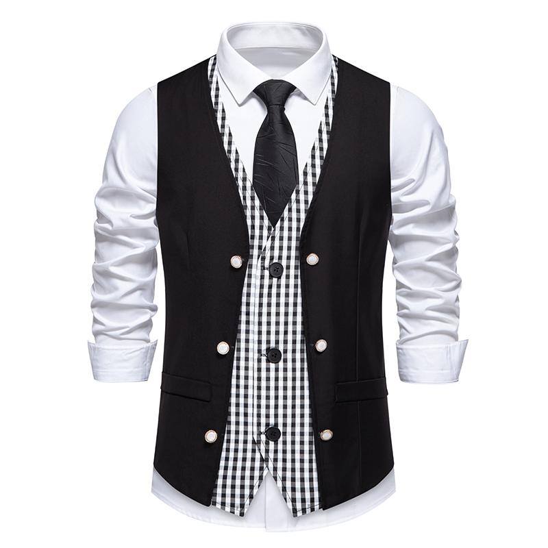 Leefona Herfst Heren V Hals Patchwork Nep-Tweedelig Vest Mode Plaid Kleur Blok Pak Vest Brits Casual Vintage Gentleman Vrijetijdsbesteding US 2XL zwart
