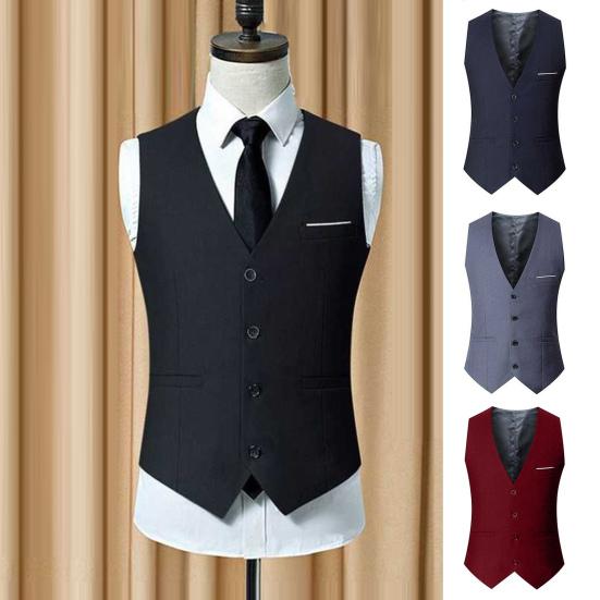Yizhihengsm Herenpak Vest V-hals Mouwloos Enkelrijs Slim Fit Zakelijk Gilet Effen Kleur Formele Kleding Gilet M zwart