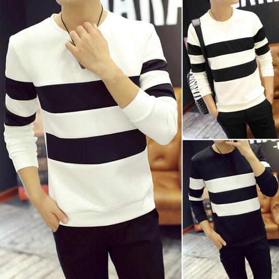 Tianhangyuan Heren Patchwork Gestreepte Kleur Casual Sweatshirt Ronde Hals Lange Mouw Pullover Tops Slim Fit Ademende Tops L zwart