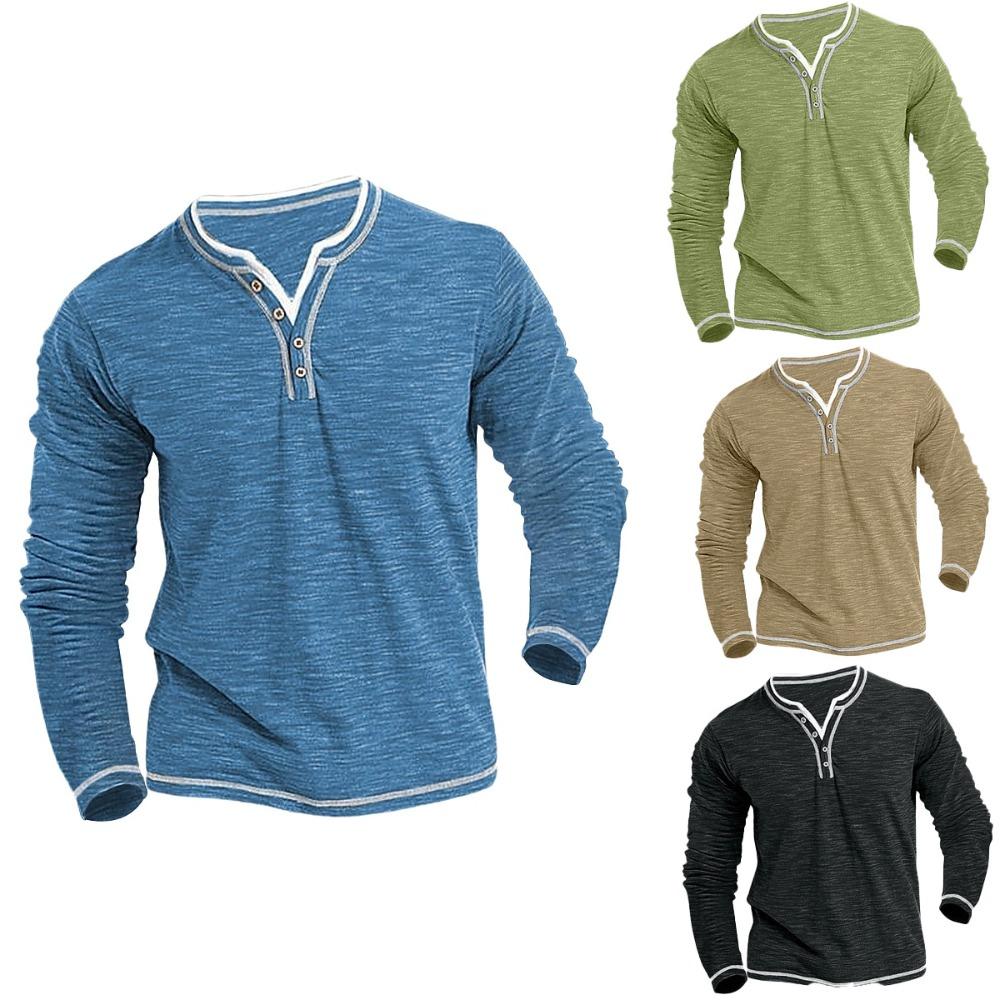 King Billion Katoenen kleine V-hals T-shirts Heren Casual T-shirt Herfst Winter Lange mouwen Comfortabel Zacht Stretch Henley Shirt Heren Pullover S beige
