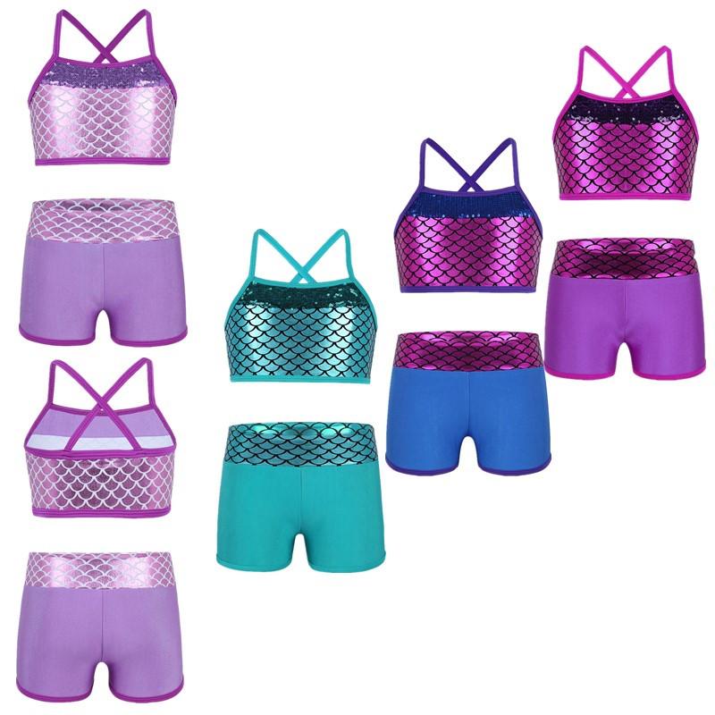 IEFiEL 2 Kinderen Meisjes Atletische Outfit Badmode Tankini Schalen Tops met Broeken Gymnastiek Sport Danskleding 3-4 Years rozerode kleur