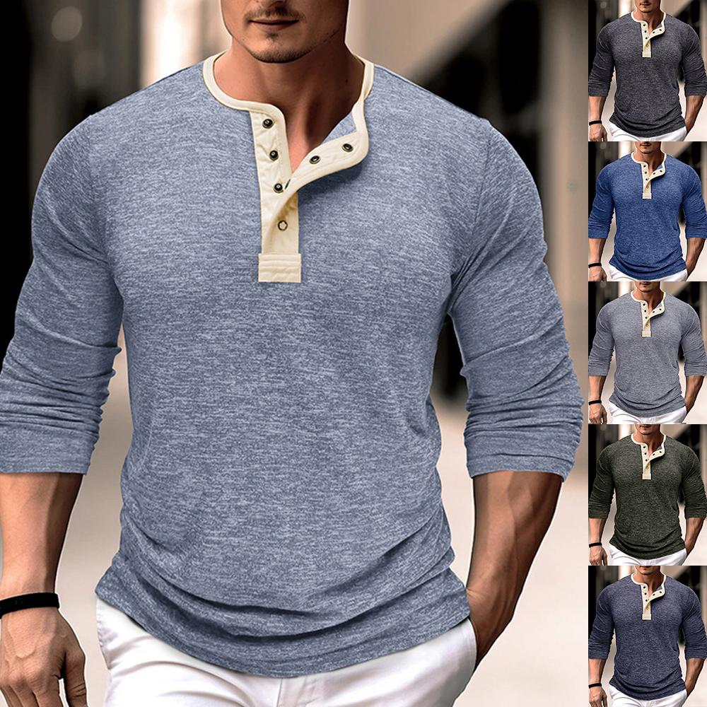 Tooyoo Heren effen henley T-shirt met lange mouwen, casual trui, losse tops, effen blouse S