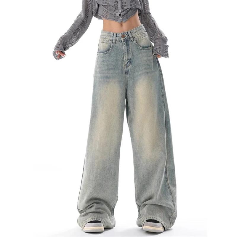 Exotic Dames Amerikaanse Vintage Gewassen Dunne Jeans Street Casual Neutrale Stijl Blauwe Denim Broek Vrouwelijke Hoge Taille Rechte Broek S blauw