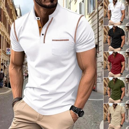 Songmeijuan Heren Zomer T-shirt Effen Kleur Slim Fit Knoopsluiting Opstaande Kraag Elastisch Snel Droog Zacht Ademend Casual Trui Korte Mouwen Middellange Dagelijkse Top M zwart