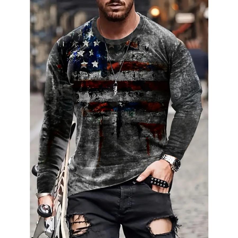 WowClassic Vintage Casual 3D Faded Flag Tee voor heren: Stijlvolle lange mouwen, lichte stretch, comfort en duurzaamheid voor alle seizoenen M