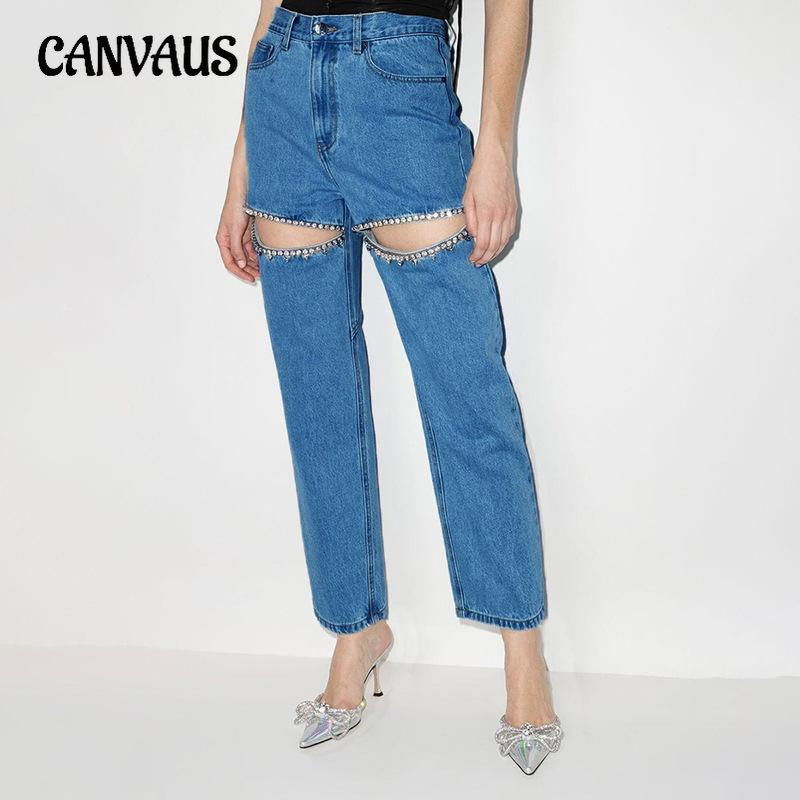 CANVAUS Damesbroek Mode Niche Diamant Studded Kralen Mid-waist Rechte Lange Dij Uitsnijding Jeans S donkerblauwe kleur