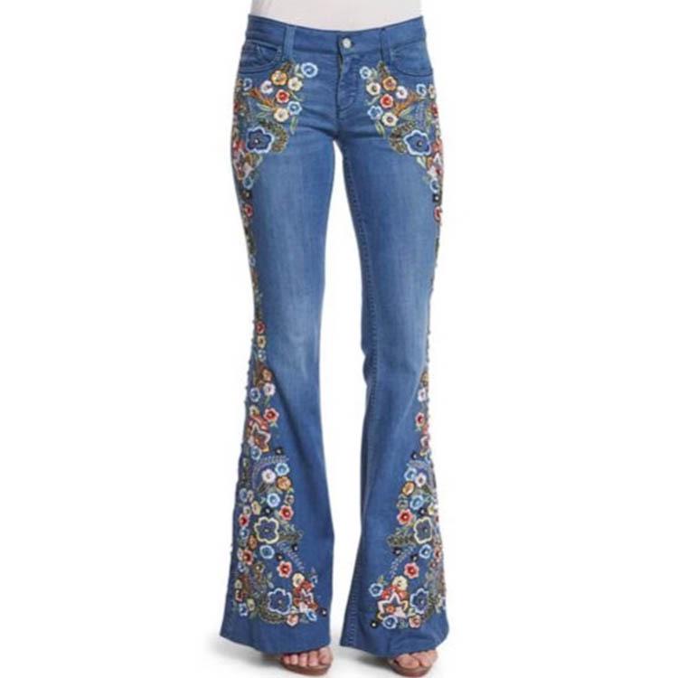 HI Sweet LOULOU Europese en Amerikaanse damesjeans Geborduurde slim-fit gewassen uitlopende jeans L donkerblauwe kleur