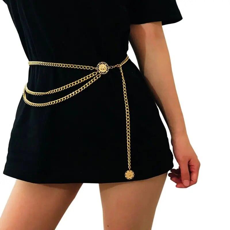 Sunnyway Trendy meerlaagse metalen schakel tailleketting voor dames, tailleriem met lange kwastjes, buikkettingen, tailleband