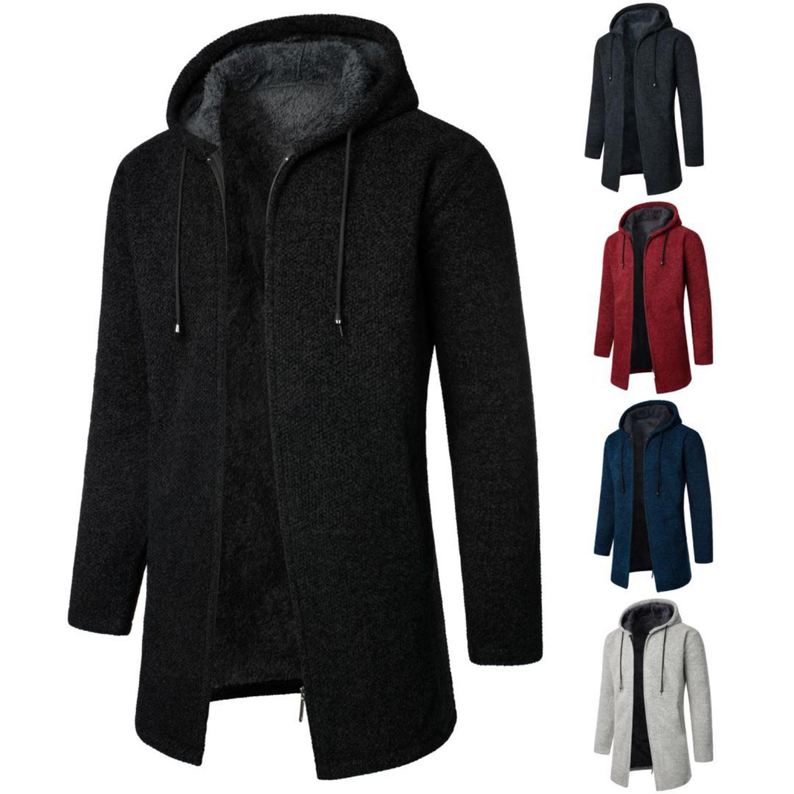 Ren Bag Middellange herenjas met capuchon, pluche, geruite gebreide jas met trekkoord, trui, warme effen kleur jassen, tops L zwart