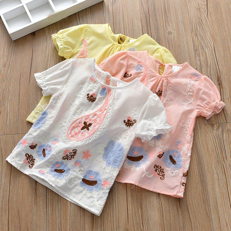 BOOSKU Baby Meisjes Zomer Katoen Bloemenpatroon T-shirt Tops Blouse Korte Mouw Kinderen Casual T-shirts 100