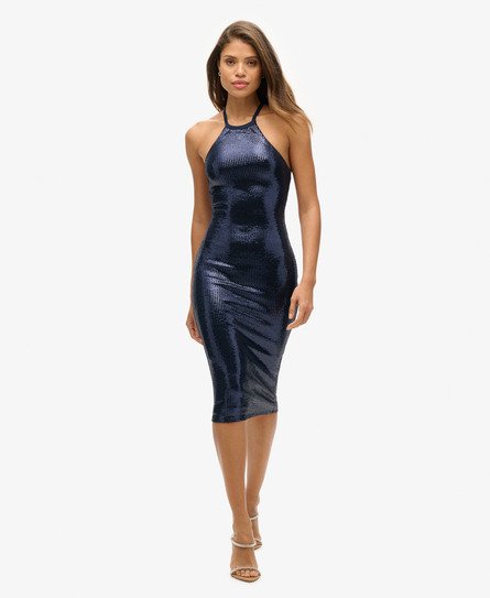 Superdry Vrouwen Midi-jurk met Lovertjes en Halternek Blauw