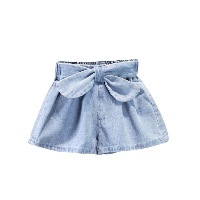 BOOSKU Meisjes Leuke Boog Denim Shorts Zomer Losse Korte Broek Voor Meisje 1-7 Jaar Elastische Taille Korte Jeans Kid meisjes Kleding 100
