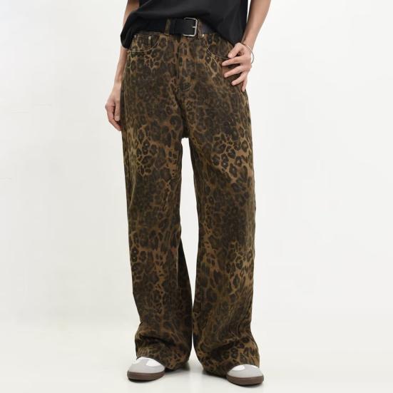 Shangkelv Unisex jeans luipaardprint hiphop wijde pijpen losse rechte zakken knoopsluiting zachte streetwear lange broek voor jonge volwassenen L Leopard Print