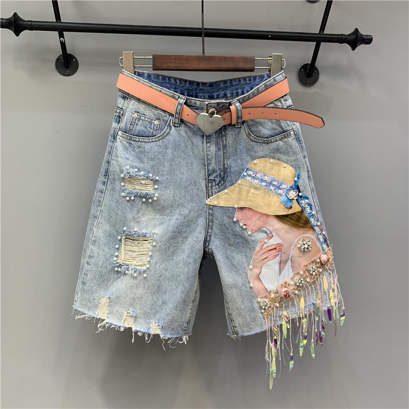 Doran Zomer Damesjeans Koreaanse Mode Gat Gescheurd Kralen Vintage Gedrukt Knielengte Denim Broek Y2K High Street XS blauw
