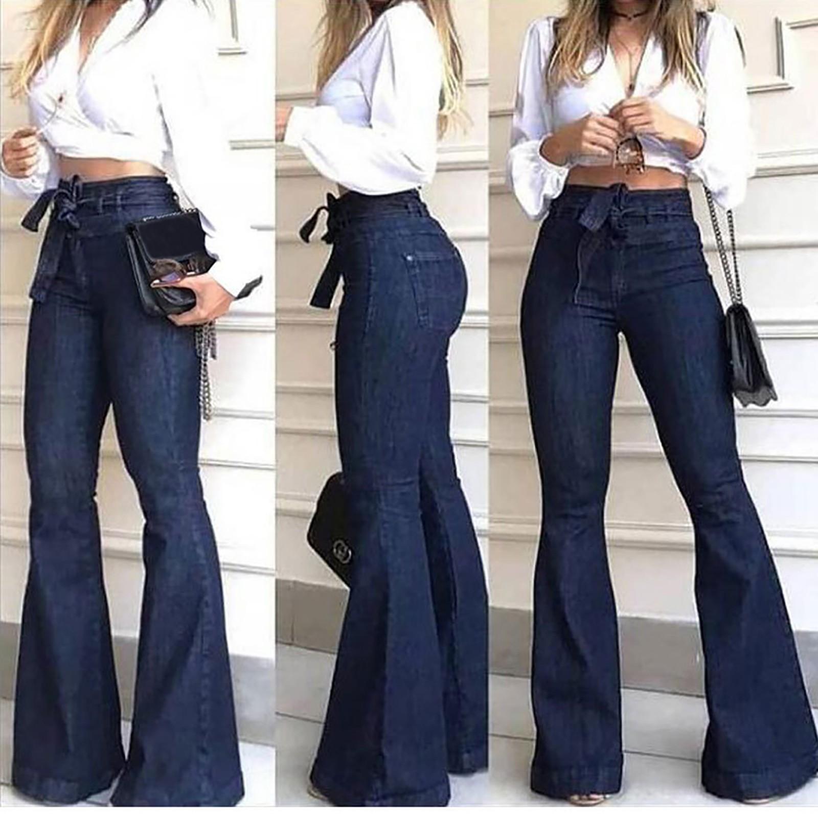 Niubiplus Mode dames hoge taille veter stretch wijde pijp jeans klokbodem broek S blauw