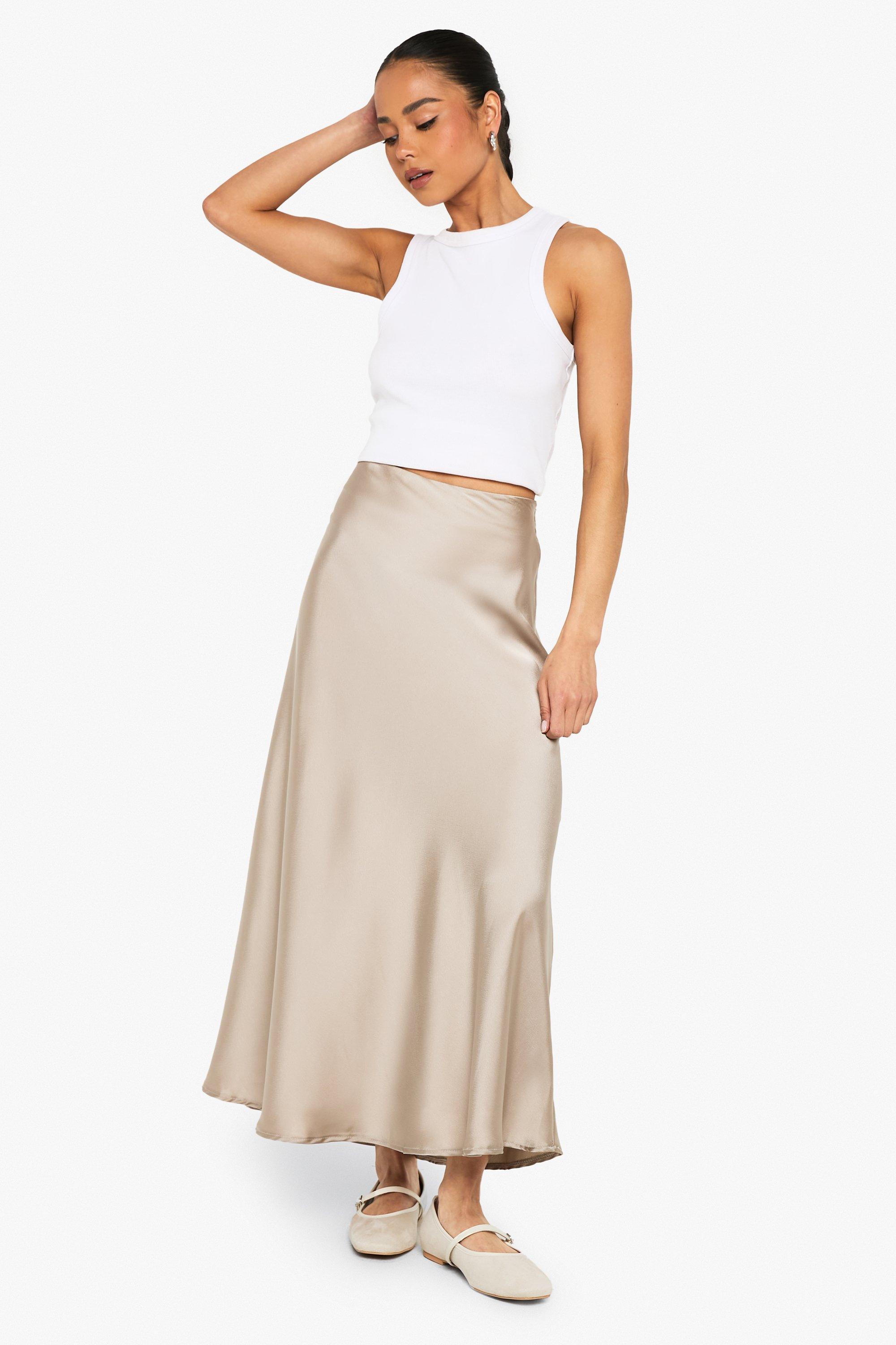Boohoo Satijnen Midaxi Rok, Taupe
