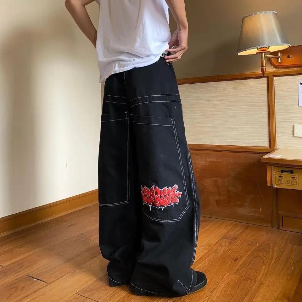 GEMTIDE Jeans Hip Hop Rock Borduurpatroon Mannen Vrouwen Nieuwe Mode Streetwear Retro Harajuku Hoge Taille Wijde Pijpen Denim Broek S
