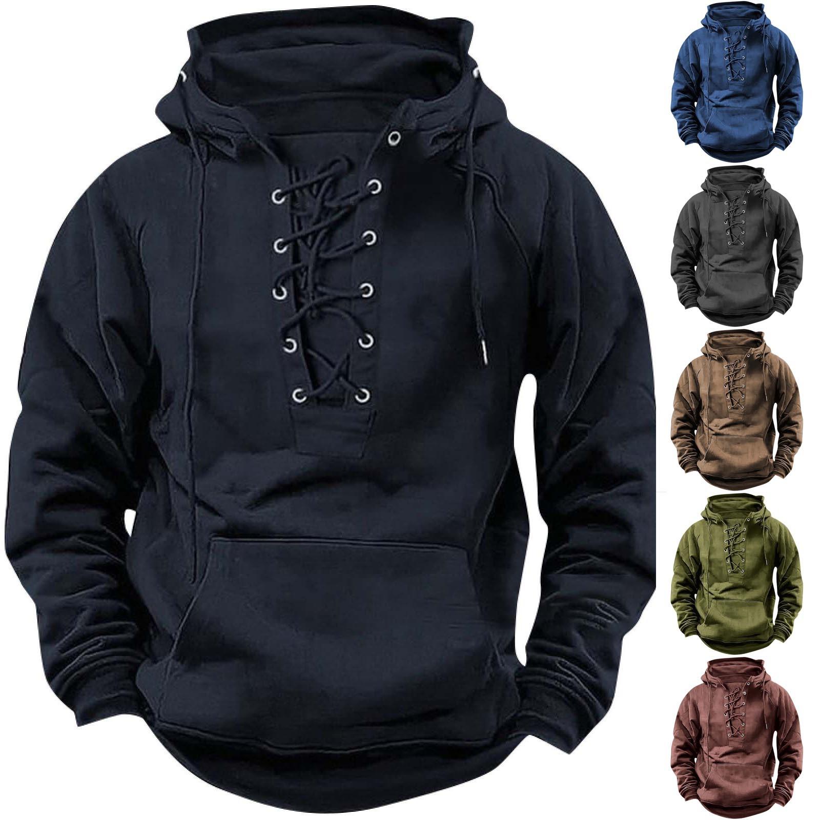 Niubiplus Effen kleur herensweater met capuchon, Europese en Amerikaanse jeugdsport leren trui met meerdere zakken en patch L legergroene kleur