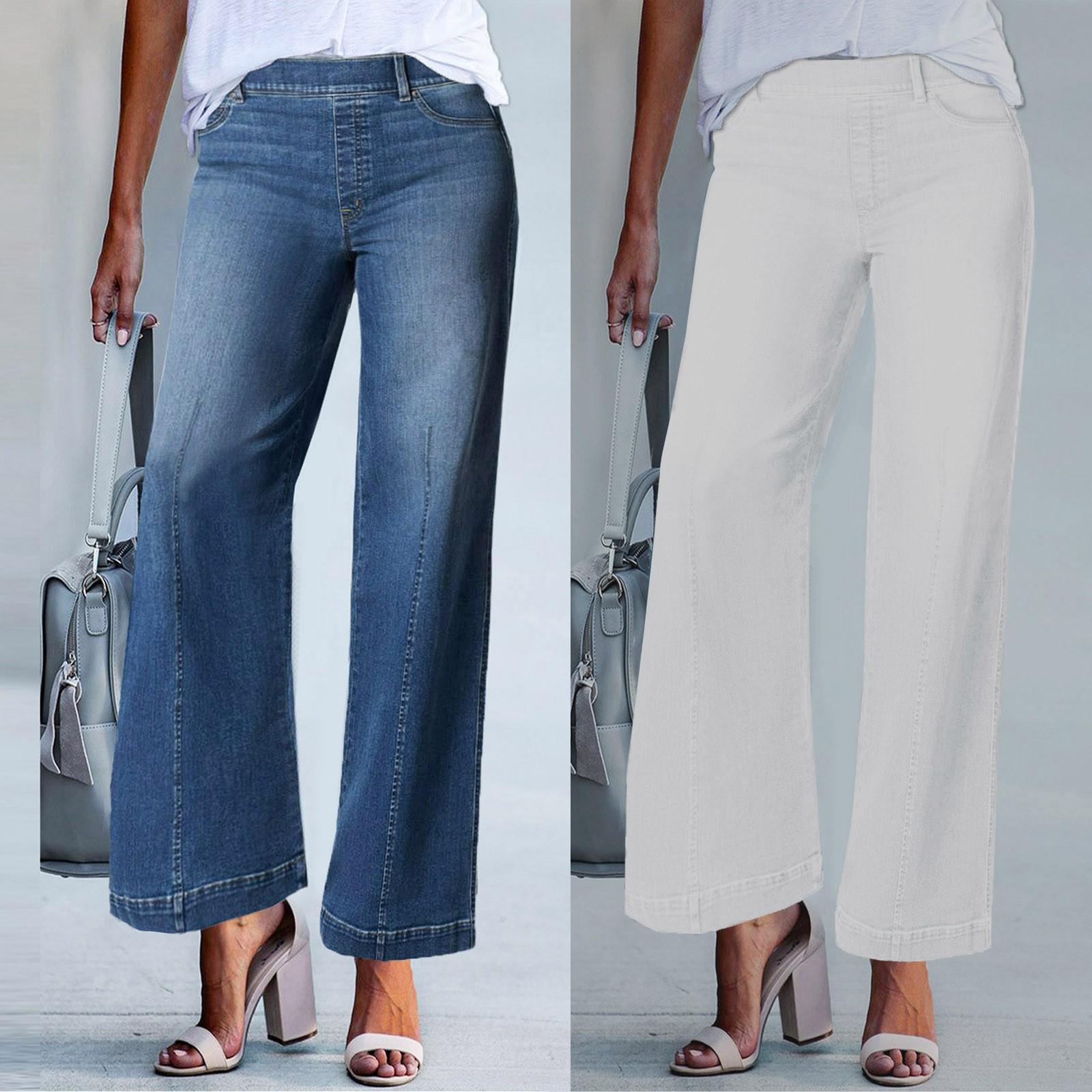 Ren Bag Nieuwe jeans met wijde pijpen voor dames Gefelste jeans met wijde pijpen aan de voorkant Effen kleur Casual modebroek XXL blauw