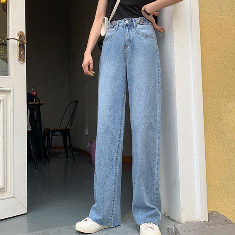 BOOSKU Dames Hoge Taille Drop Jeans Wijde Pijpen Losse Rechte Broek Zomer Dames Sty Blue Demin Broek XL