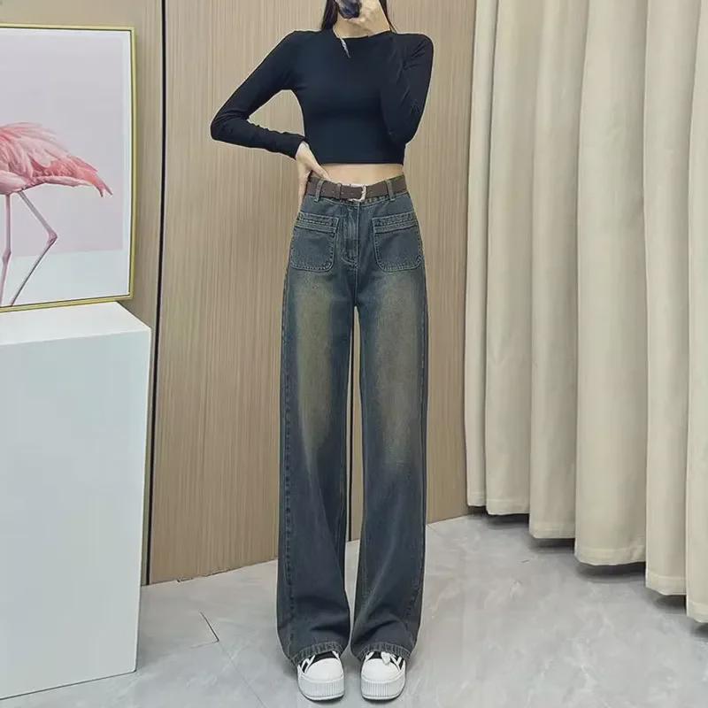 VantaGoods Dames jeans met hoge taille en wijde pijpen en zakken in cementgrijs Medium