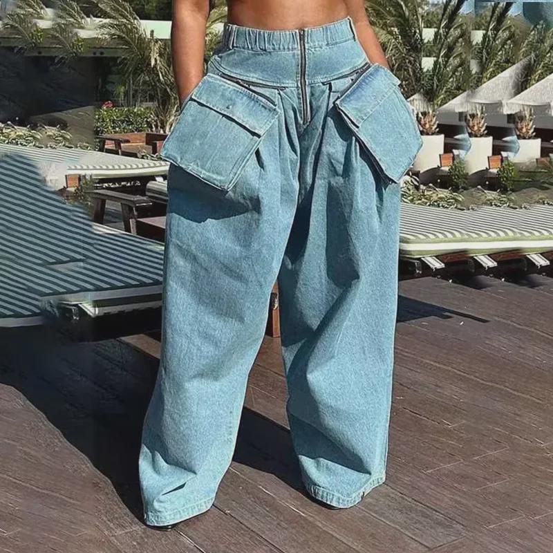 VantaGoods Dames 2025 Lente Jeans met Hoge Taille en Wijde Pijpen en Grote Zakken S donkergrijze kleur
