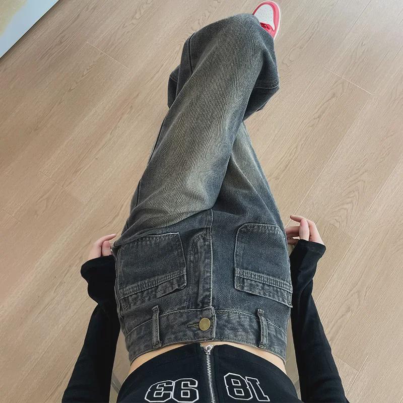 VantaGoods Nostalgische cementgrijze high-waist losse wijde jeans voor dames Large