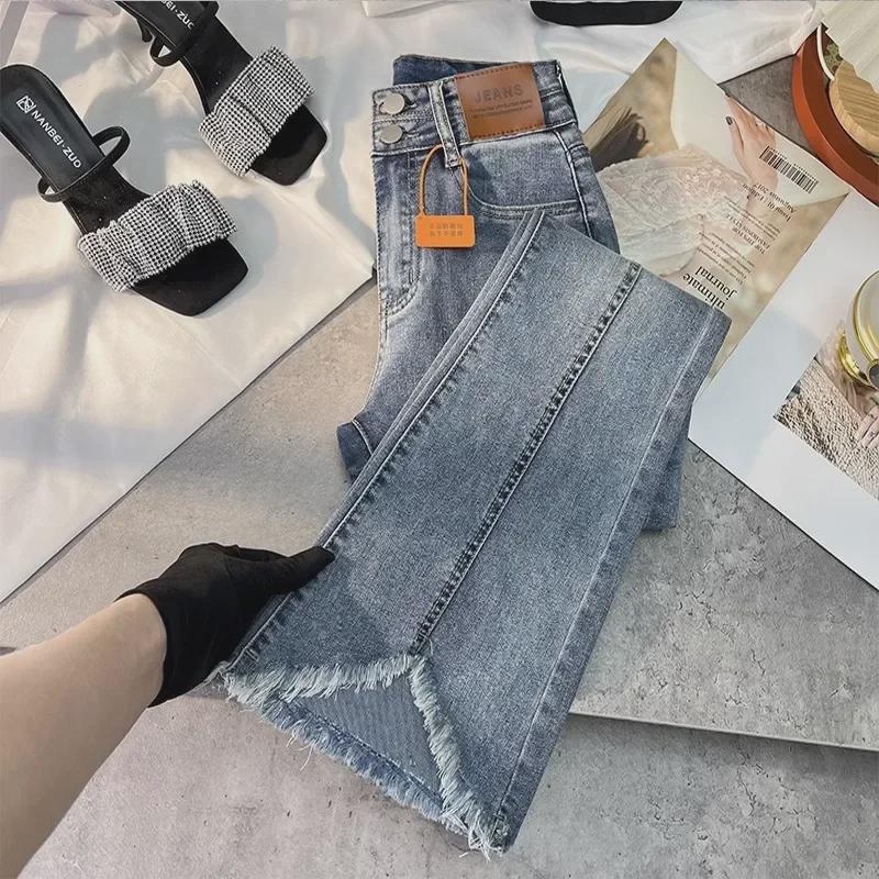 VantaGoods Dames High Waist Slimming Flared Jeans - Lente/Herfst 2023 Stijl met Ruwe Rand, Perfect voor Kleine Figuren Large blauw