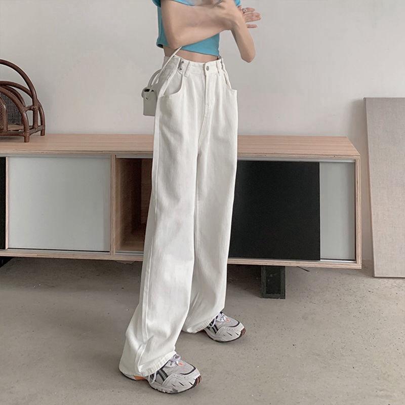 VantaGoods Dames High-Waist Witte Wijde Jeans, Herfst 2021 - Losse, Rechte en Lange Gedrapeerde Casual Broeken 2XL lichtblauwe kleur