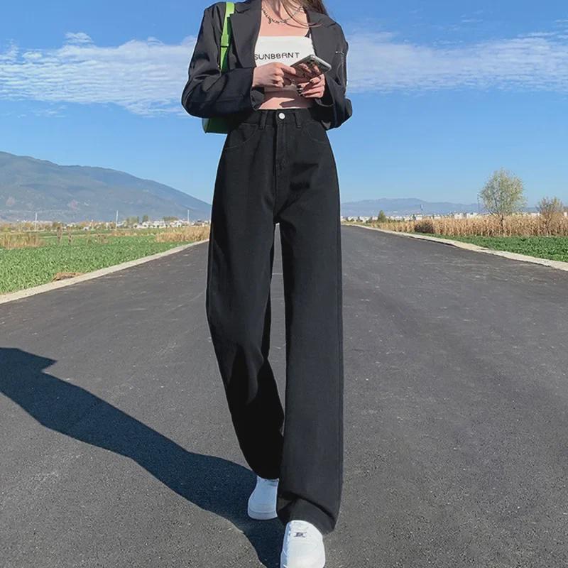 VantaGoods Zwarte, wijde, hoge taille jeans met draperie voor dames in grote maten X-Large