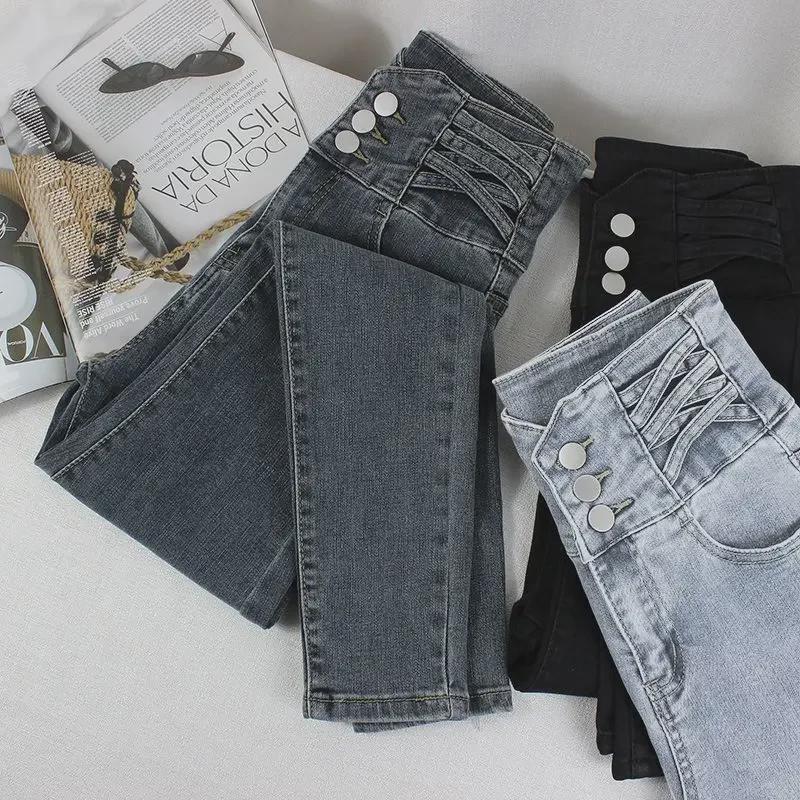 VantaGoods Dames skinny jeans met ultrahoge taille en drie knopen - herfst/winterstijl 27 donkergrijze kleur