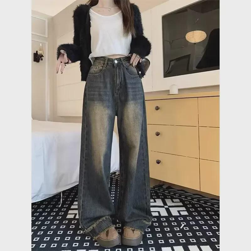 VantaGoods Dames High-Waisted Retro Distressed Wide-Leg Jeans - Herfst/Winter, Plus Size, Vloerlengte 4XL blauw