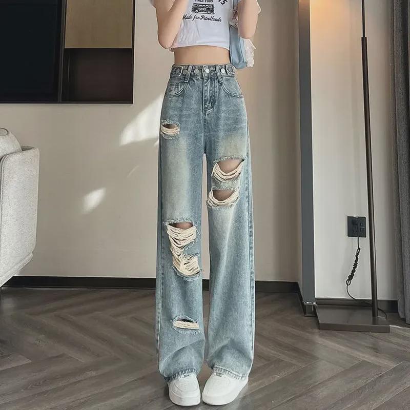 VantaGoods Verstelbare, hoge taille, gescheurde, wijde jeans voor dames S lichtblauwe kleur