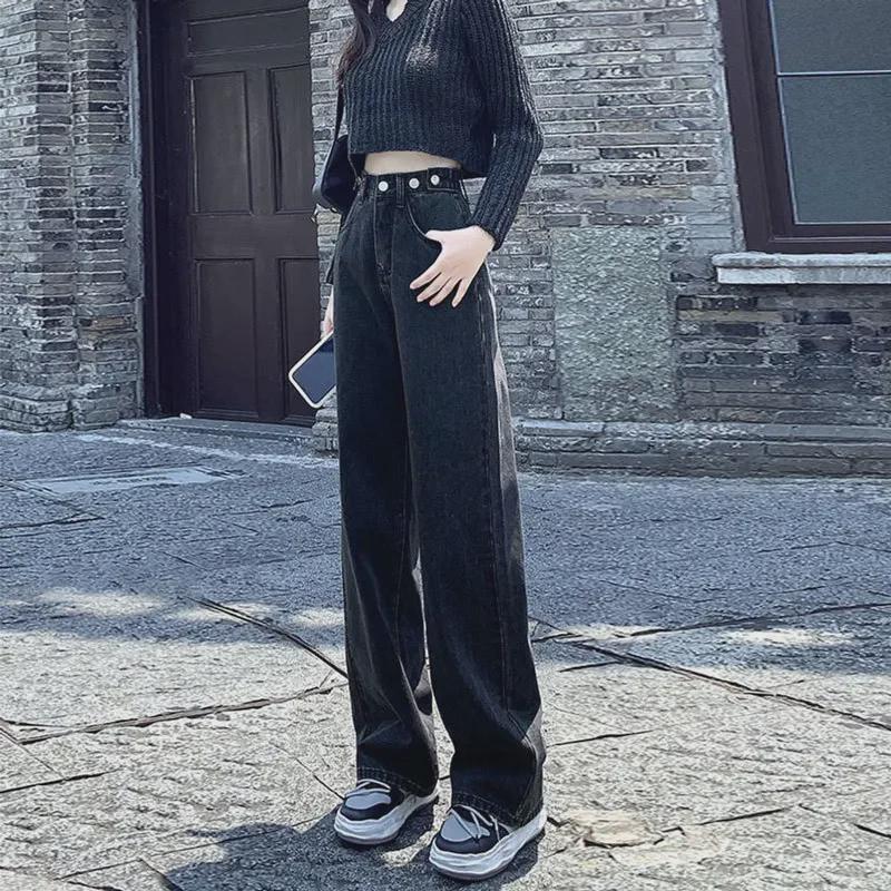 VantaGoods Dames jeans met wijde pijpen: Hoge taille, verstelbaar, meerdere knopen, losse pasvorm, tot op de grond, zwart en grijs. 2XL