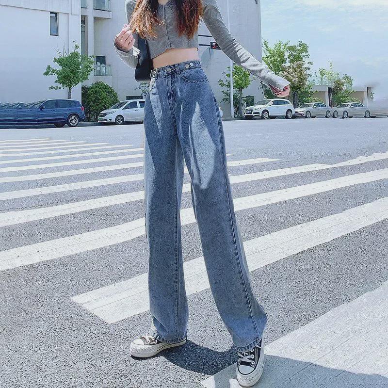 VantaGoods Dames Koreaanse Stijl Retro Hoge Taille Rechte Jeans - Zomer Slim Fit BF Stijl Wijde Pijpen Broek S